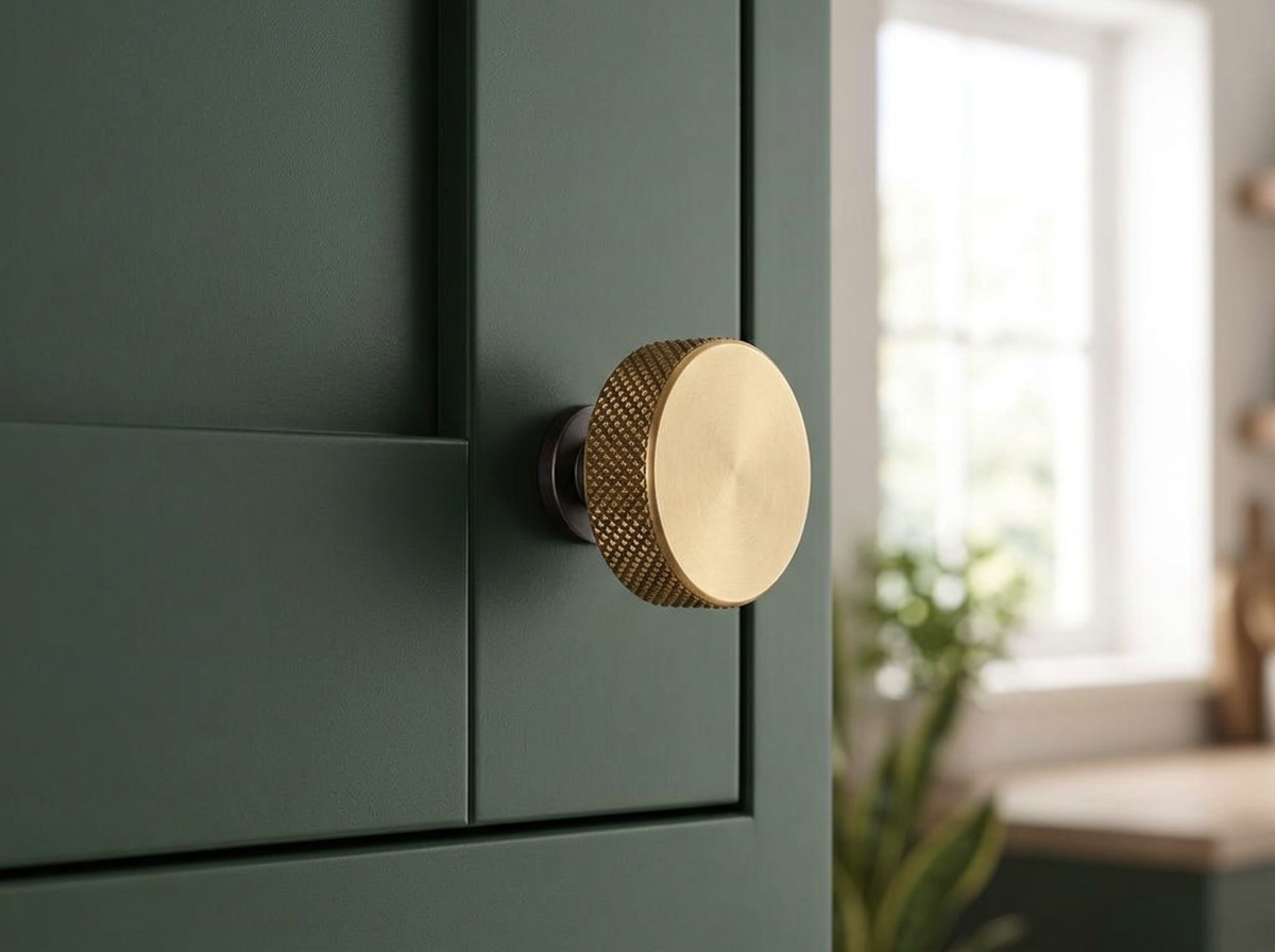 DK009 antique brass knurled knob fitted to a deep green shaker cupboard door