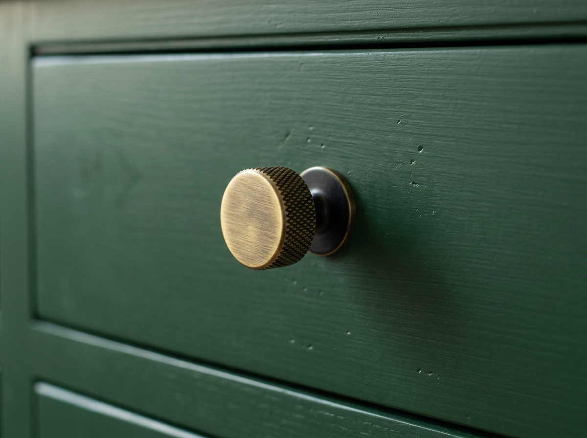 DK009 antique brass knurled knob fitted to a deep green drawer front