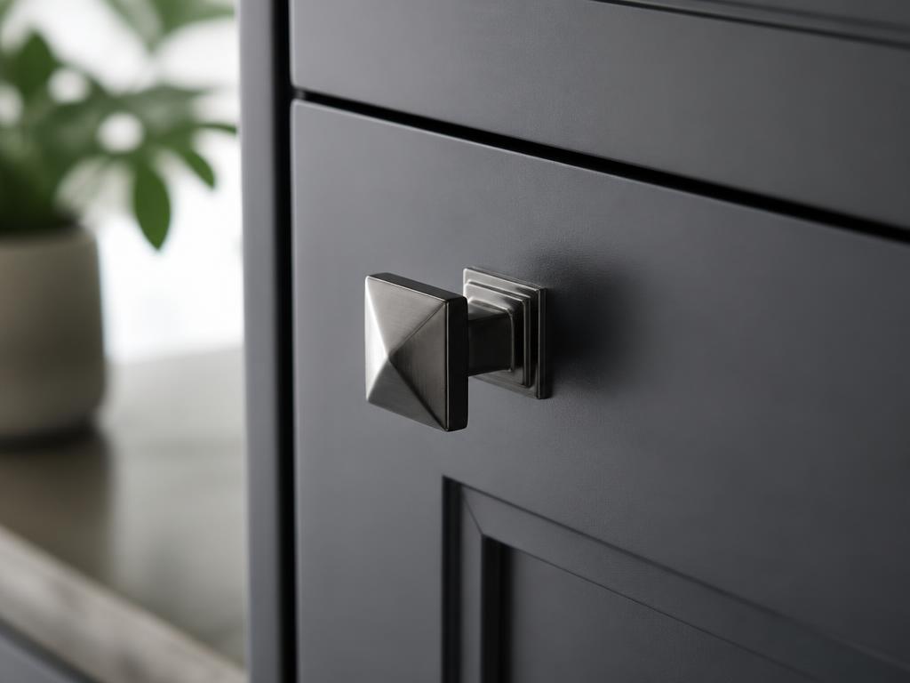 DK010BBN black nickel pyramid knob fitted to a charcoal shaker cupboard door