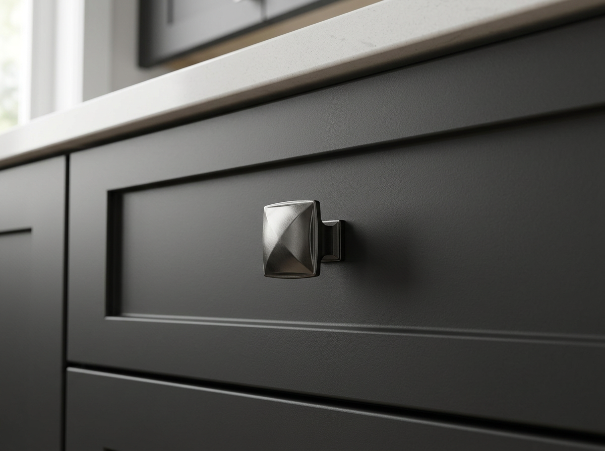 DK010BBN black nickel pyramid knob fitted to a charcoal drawer front