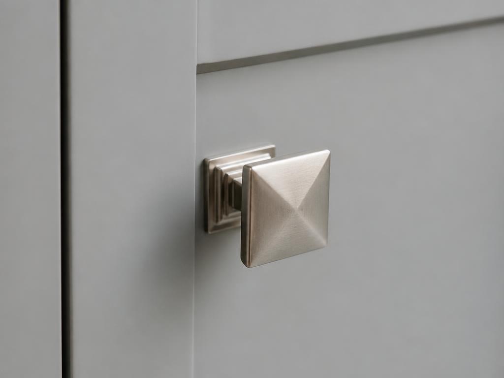 DK010BSN brushed nickel pyramid knob fitted to a pale grey shaker cupboard door