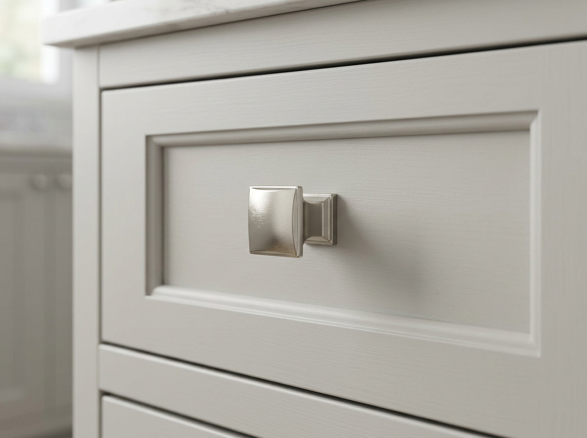 DK010BSN brushed nickel pyramid knob fitted to a pale grey drawer front