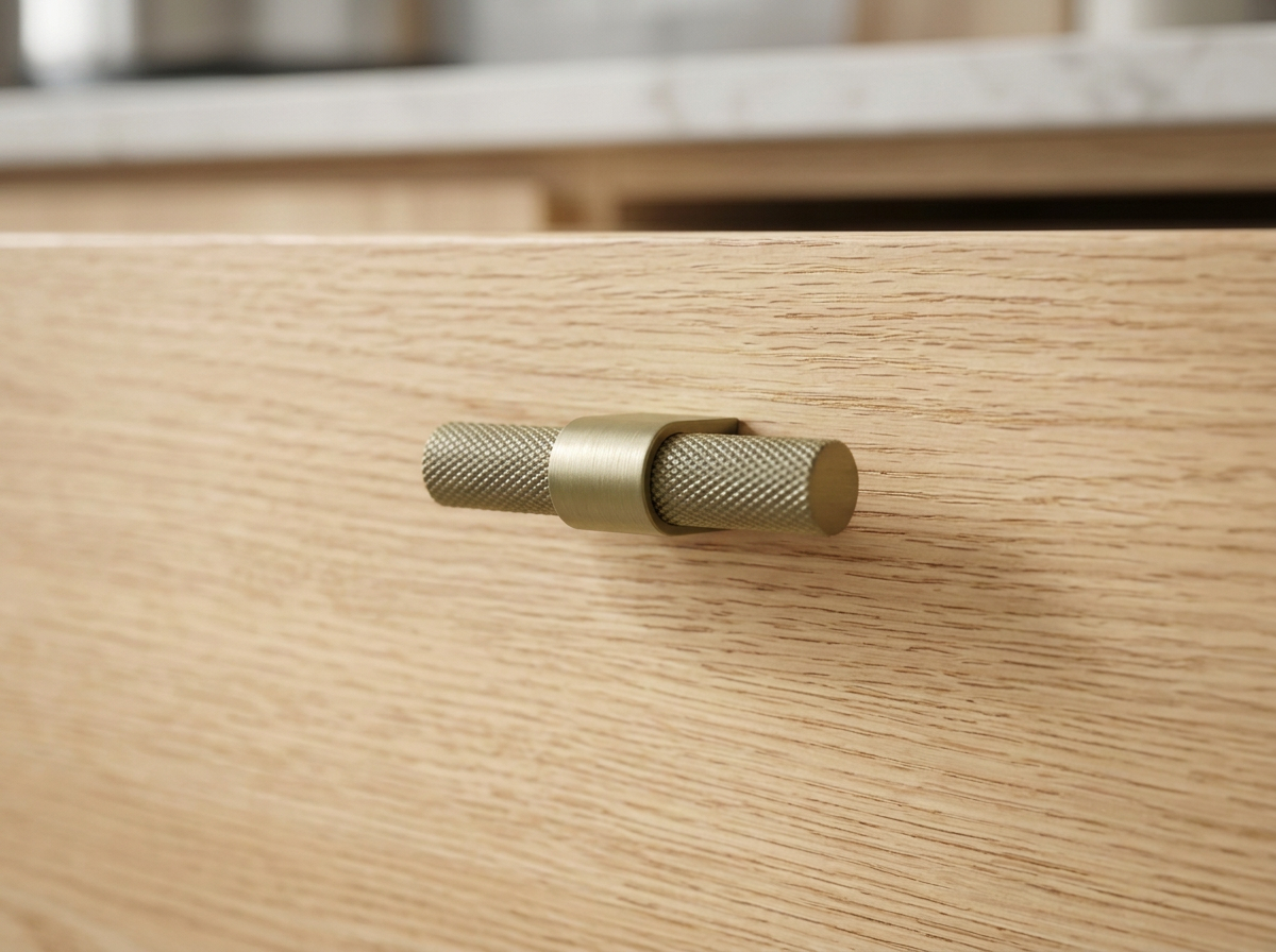 DK023BAB satin brass knurled T-knob fitted to a cream shaker drawer front