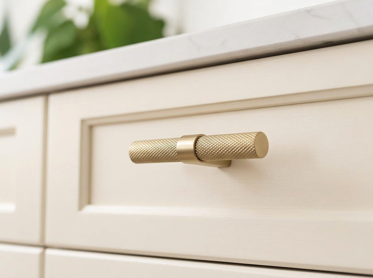 DK023BAB satin brass knurled T-knob fitted to a cream shaker drawer front