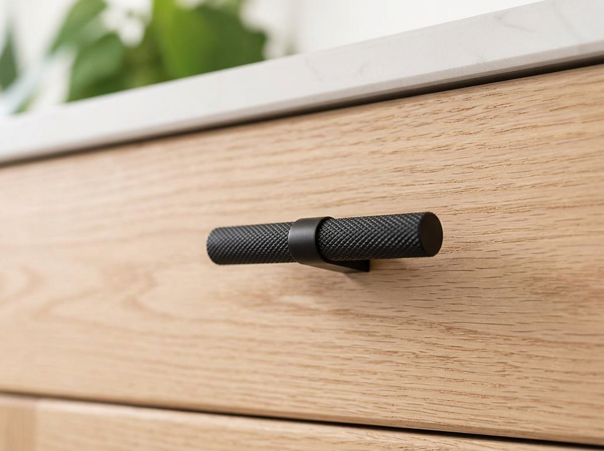 DK023BL matt black knurled T-knob fitted to a light oak drawer front