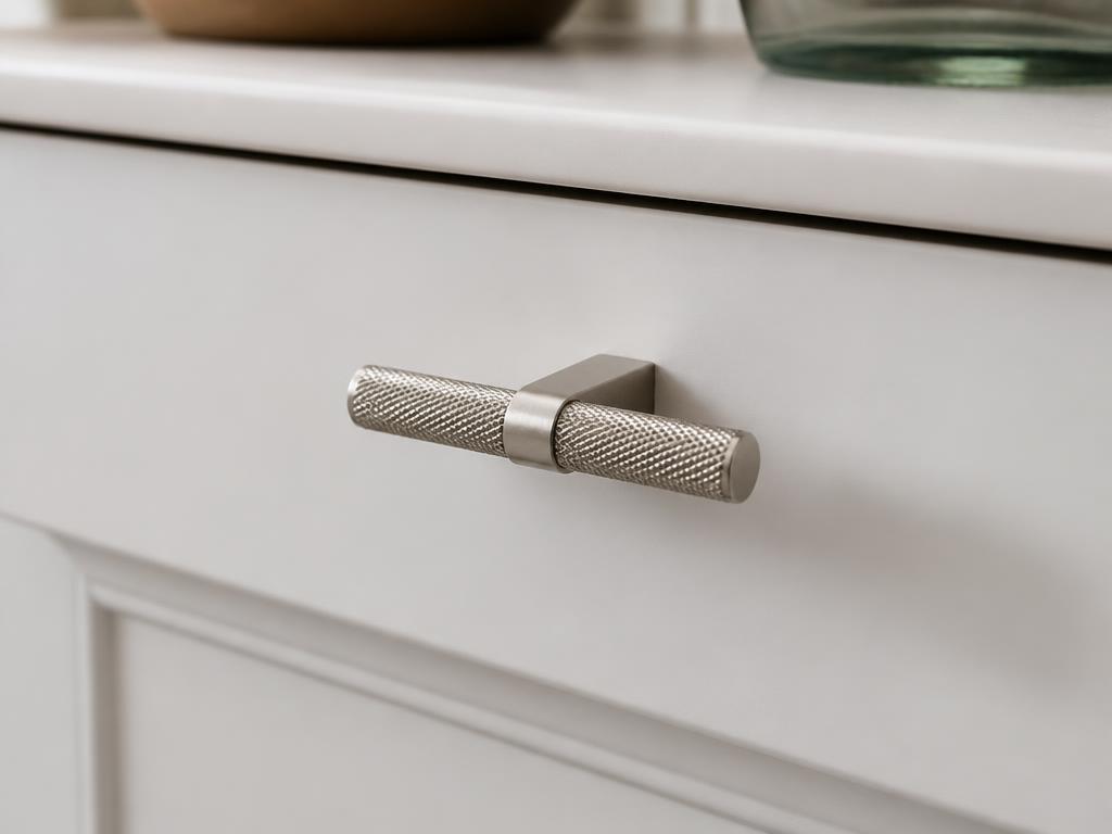 DK023BSN brushed nickel knurled T-knob fitted to a soft white drawer front