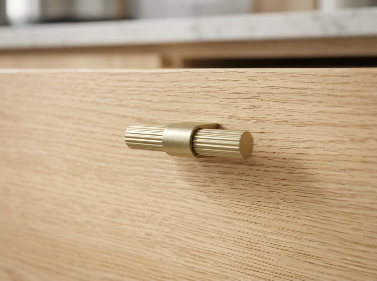 DK024BAB satin brass reeded T-knob fitted to a deep green shaker drawer front
