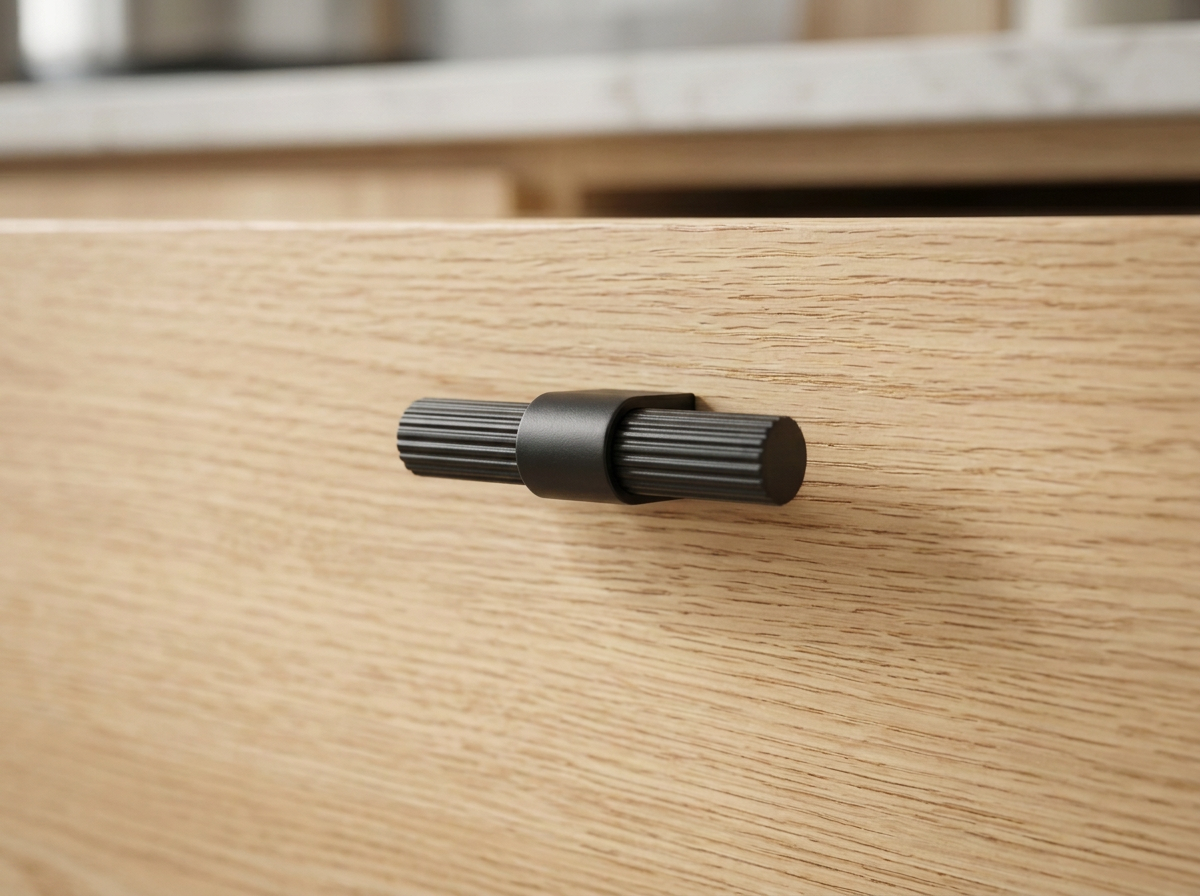 DK024BL matt black reeded T-knob fitted to a white slab drawer front