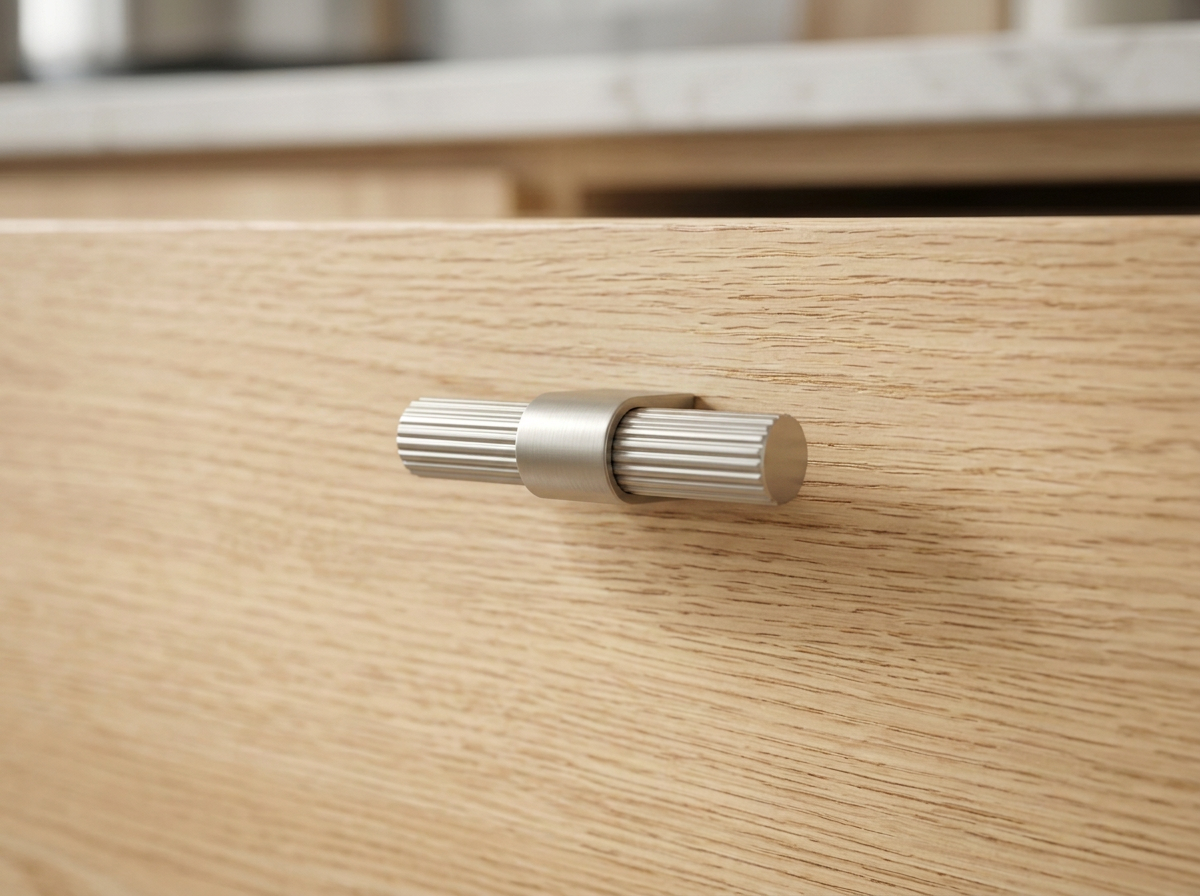 DK024BSN brushed nickel reeded T-knob fitted to a taupe shaker drawer front
