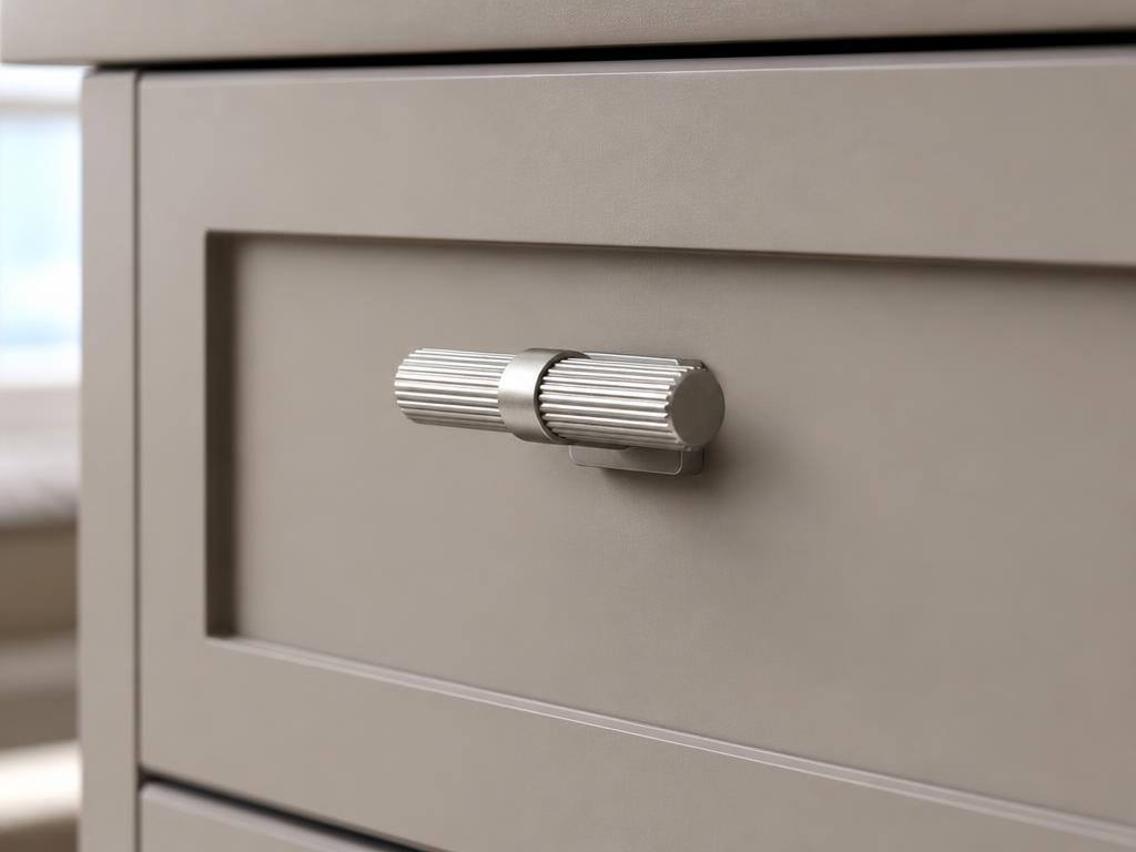 DK024BSN brushed nickel reeded T-knob fitted to a taupe shaker drawer front