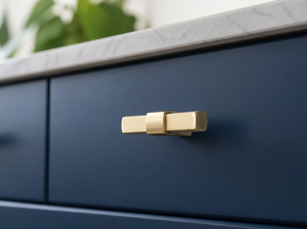 DK025BB satin brass square T-knob fitted to a navy slab drawer front