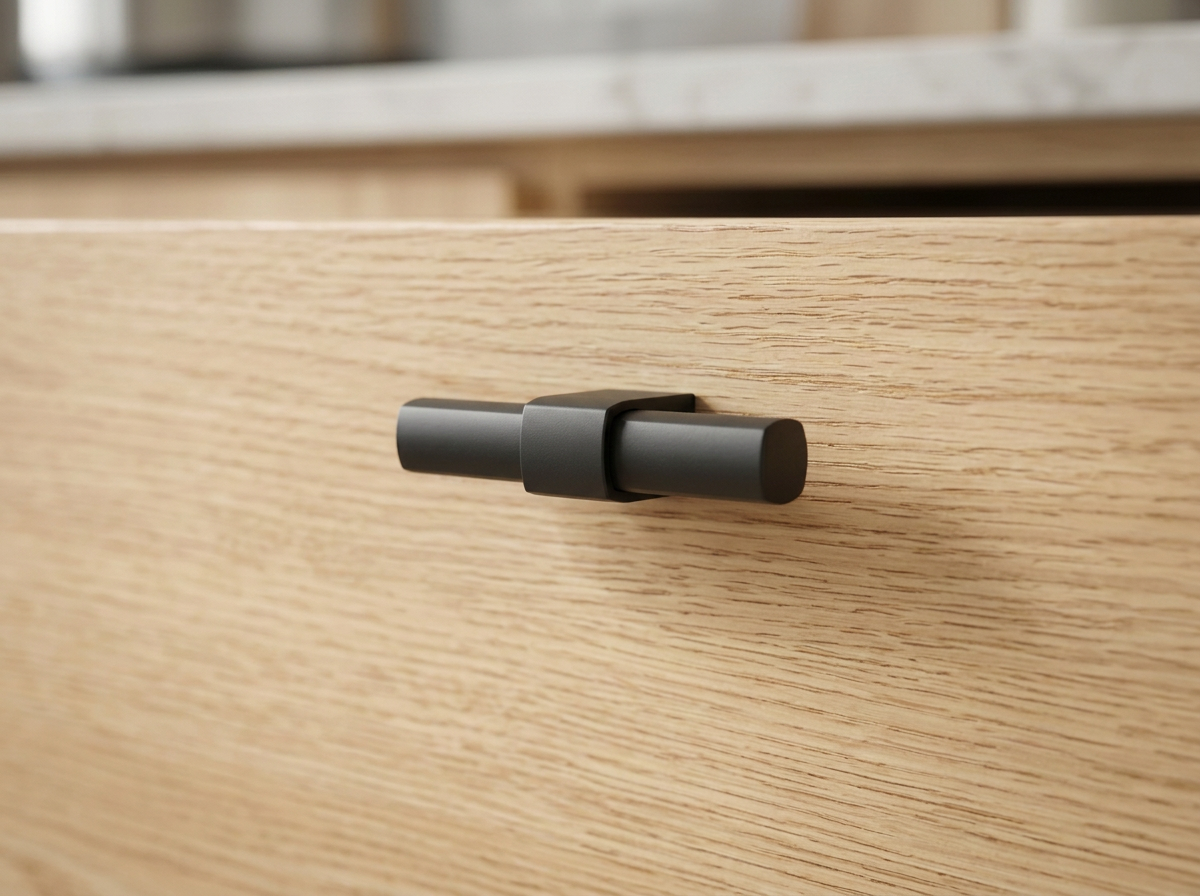 DK025BL matt black square T-knob fitted to a pale oak drawer front