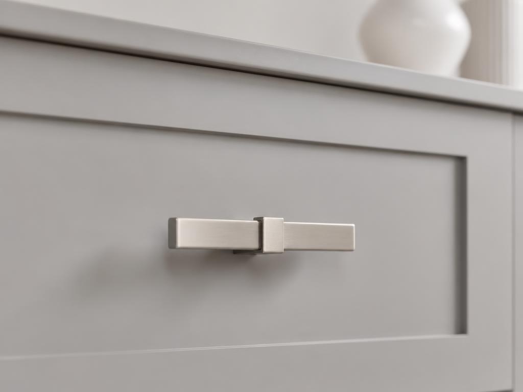 DK025BSN brushed nickel square T-knob fitted to a soft grey shaker drawer front