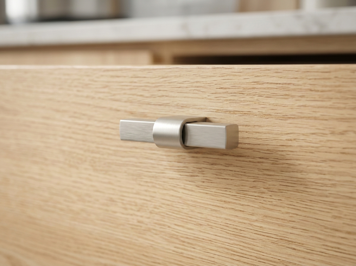 DK025BSN brushed nickel square T-knob fitted to a soft grey shaker drawer front