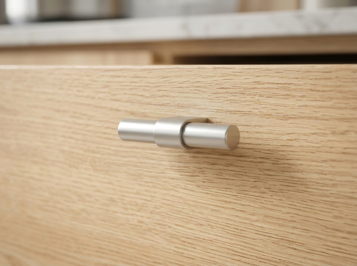 DK025CP matt chrome square T-knob fitted to a light grey drawer front
