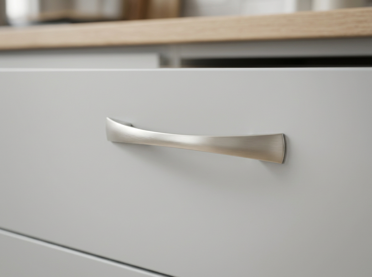 DP012 brushed nickel bow handle fitted to a light grey slab drawer front
